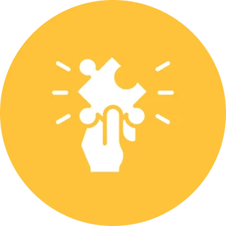 Over The Moon Hand holding puzzle piece, yellow background.